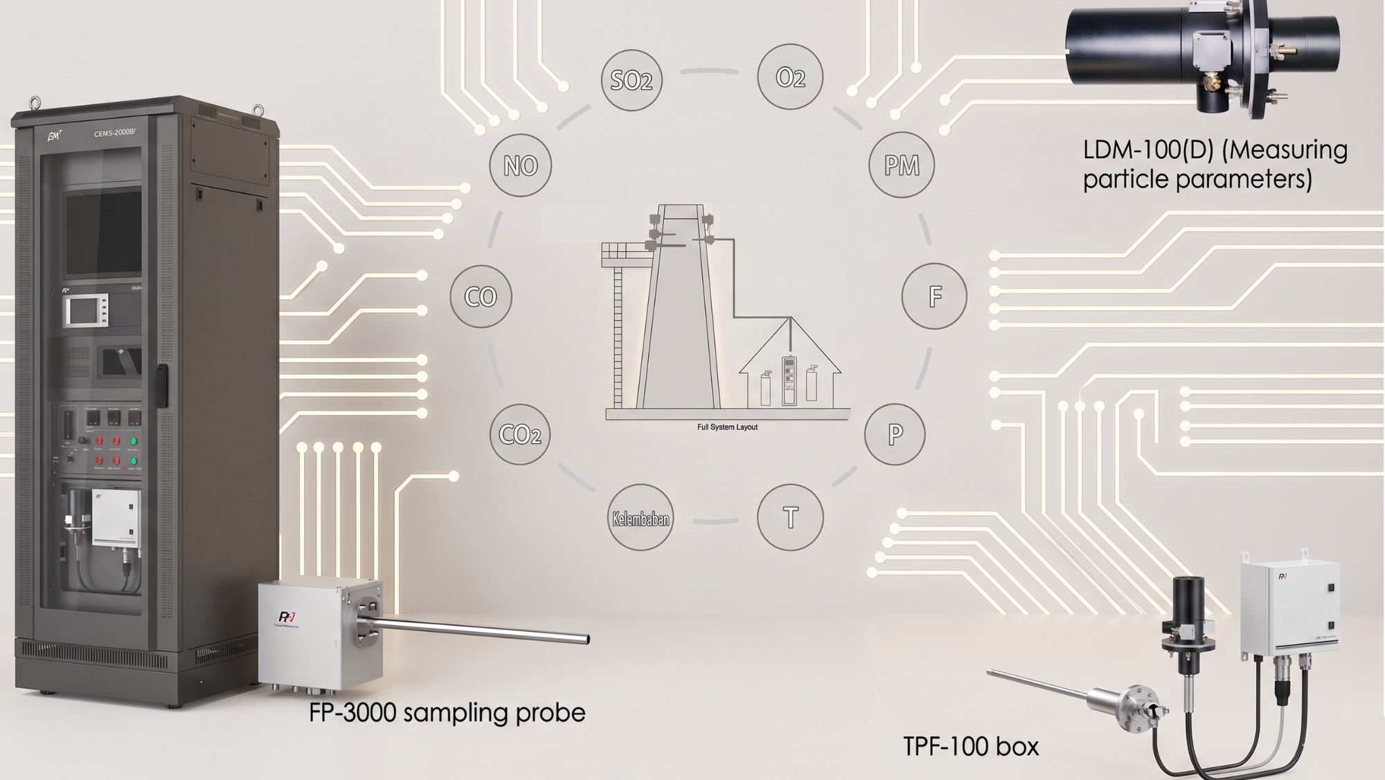 Kolase sistem CEMS Enerviro yang menampilkan kabinet analyzer, probe sampling, unit TPF-100, dan pemantauan parameter emisi