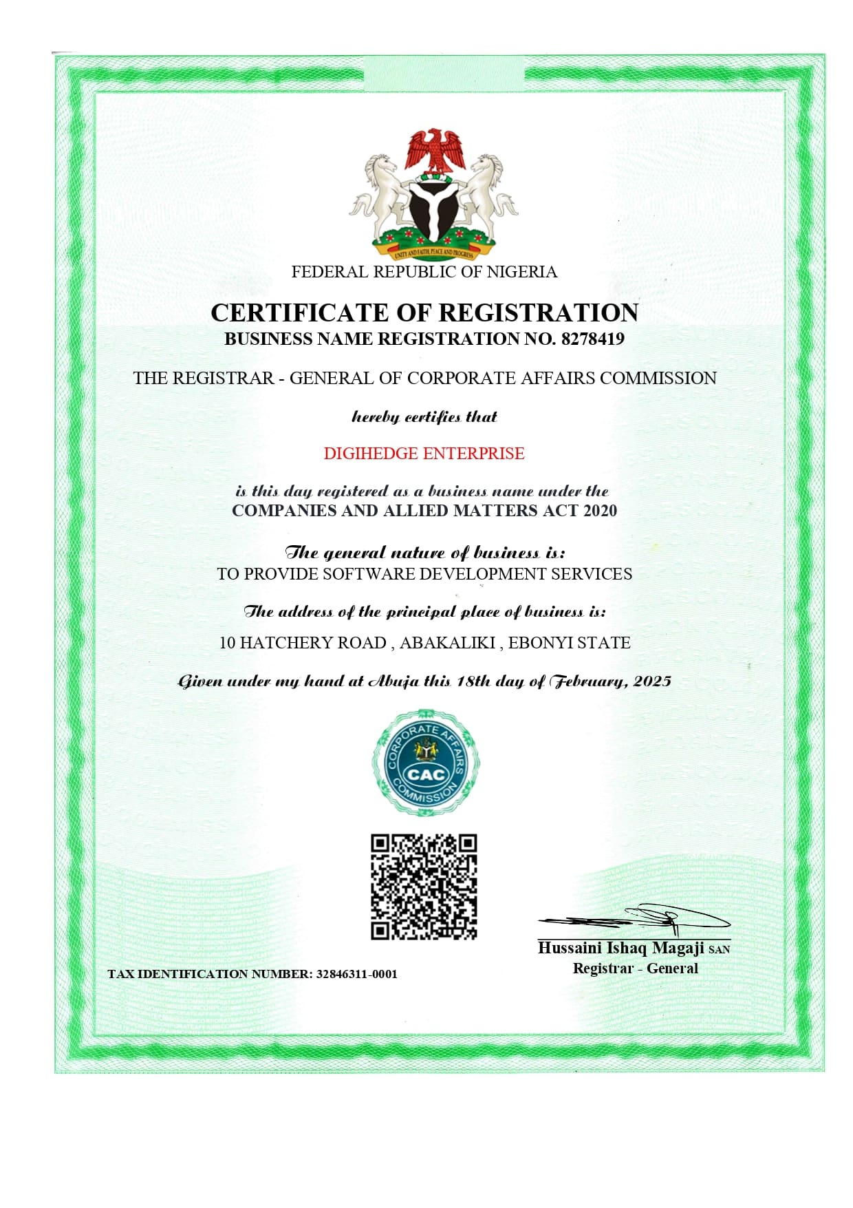 DigiHedge Enterprise Certificate of Registration