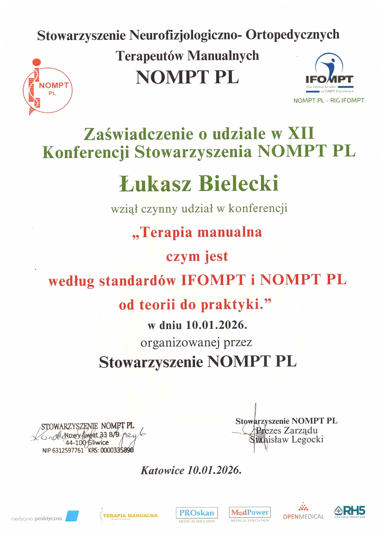 Zaświadczenie udziału – XII Konferencja Stowarzyszenia NOMPT PL, Terapia manualna wg IFOMPT i NOMPT PL, Katowice 2026