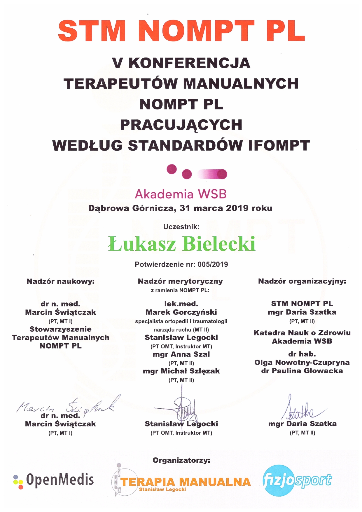 STM NOMPT PL – V Konferencja Terapeutów Manualnych, Akademia WSB, Dąbrowa Górnicza 2019