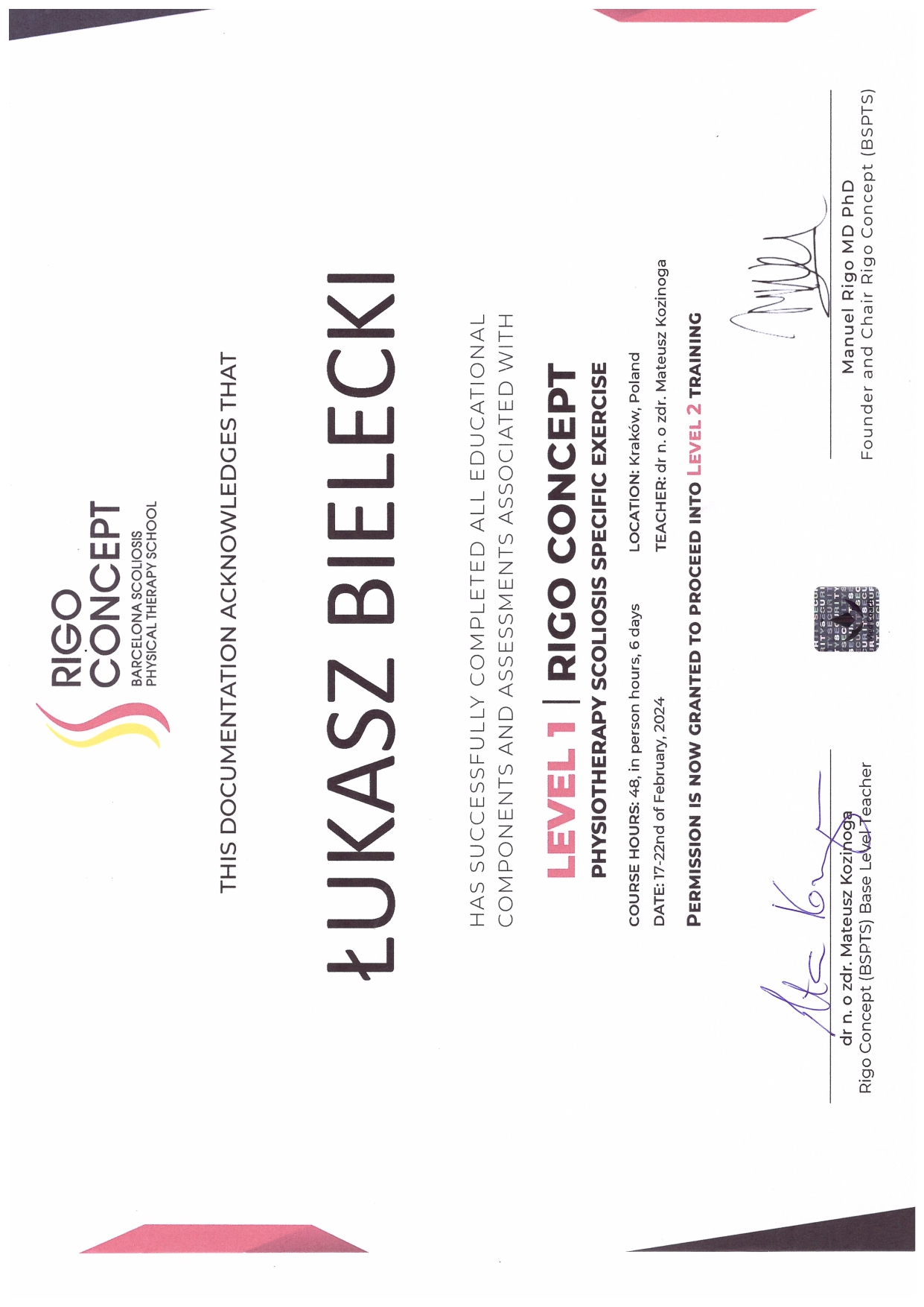 RIGO CONCEPT Level 1 – Physiotherapy Scoliosis Specific Exercise, Kraków 2024
