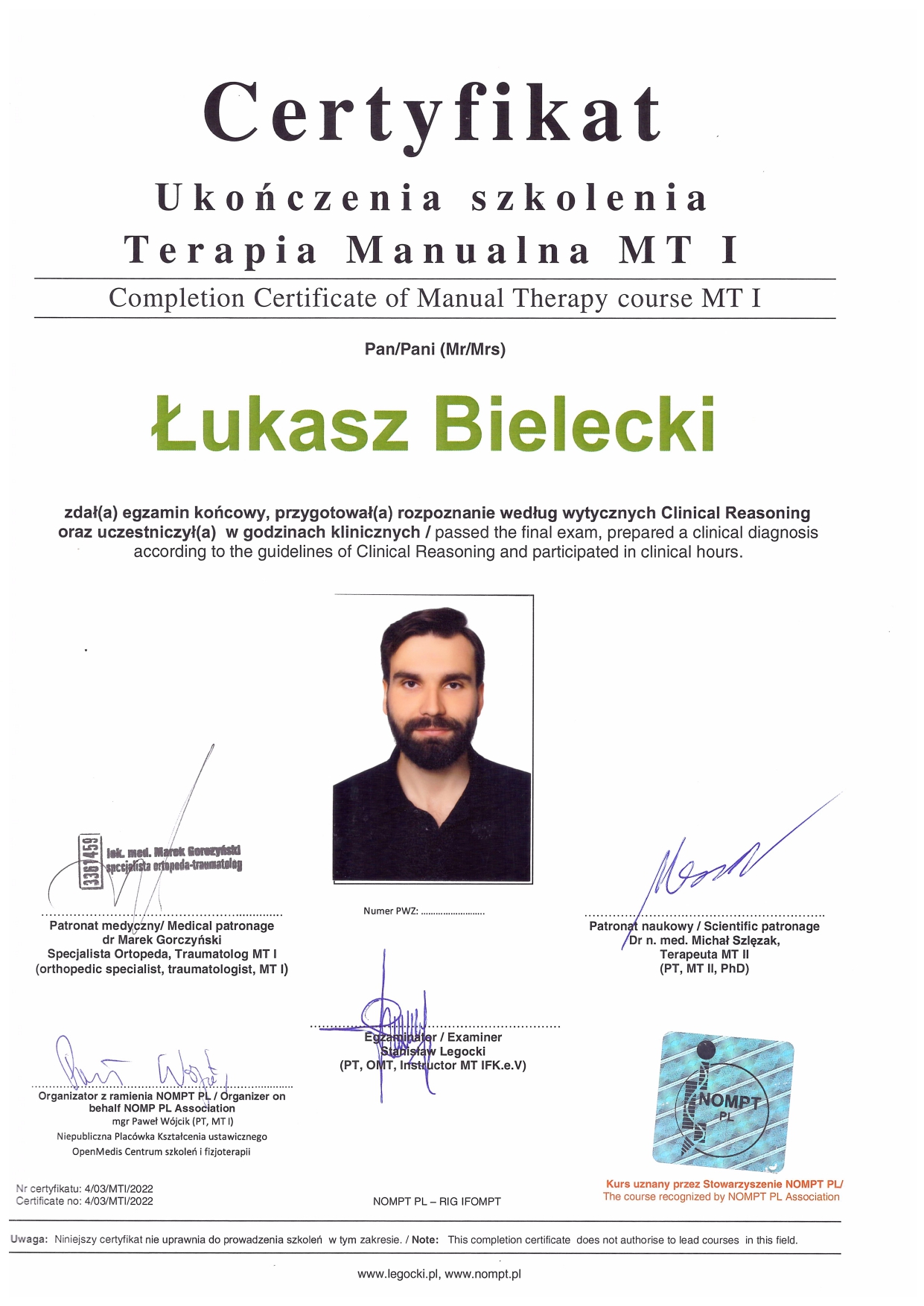 Certyfikat Ukończenia Szkolenia Terapia Manualna MT I – Łukasz Bielecki