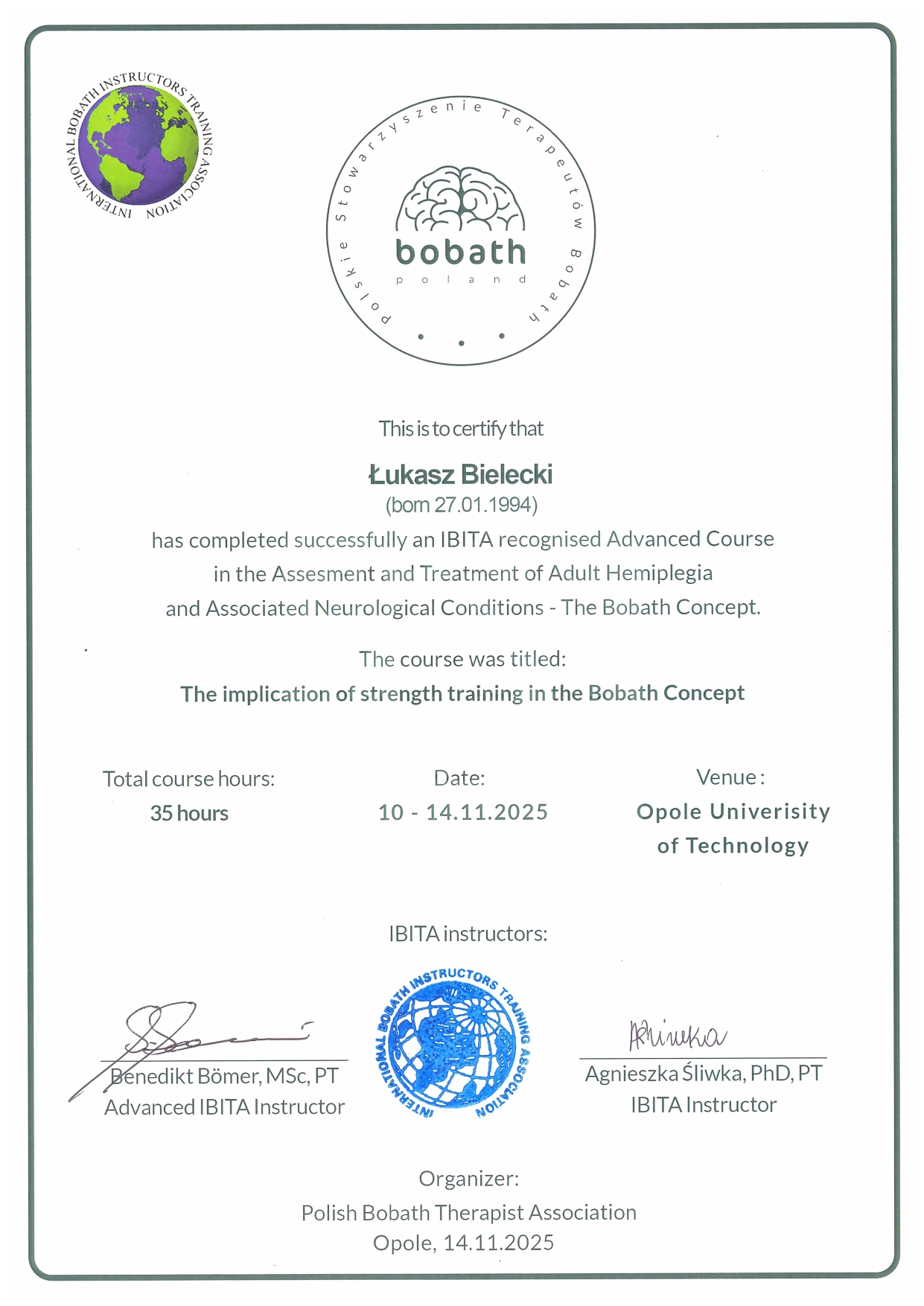 Certyfikat IBITA Advanced Course – Bobath, Implikacje treningu siłowego, Opole 2025