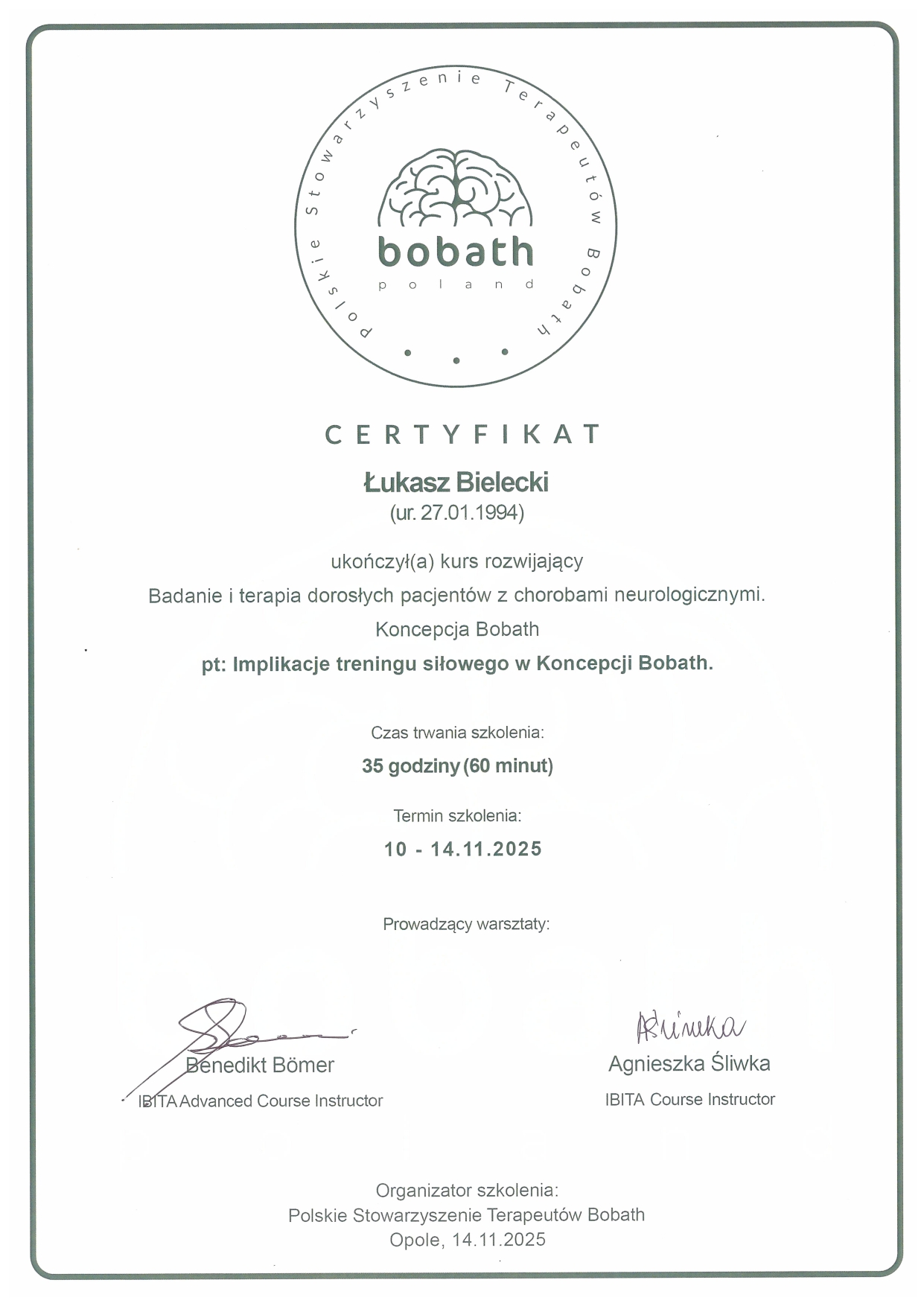 Certyfikat Bobath – Implikacje treningu siłowego w Koncepcji Bobath, Kraków 2025