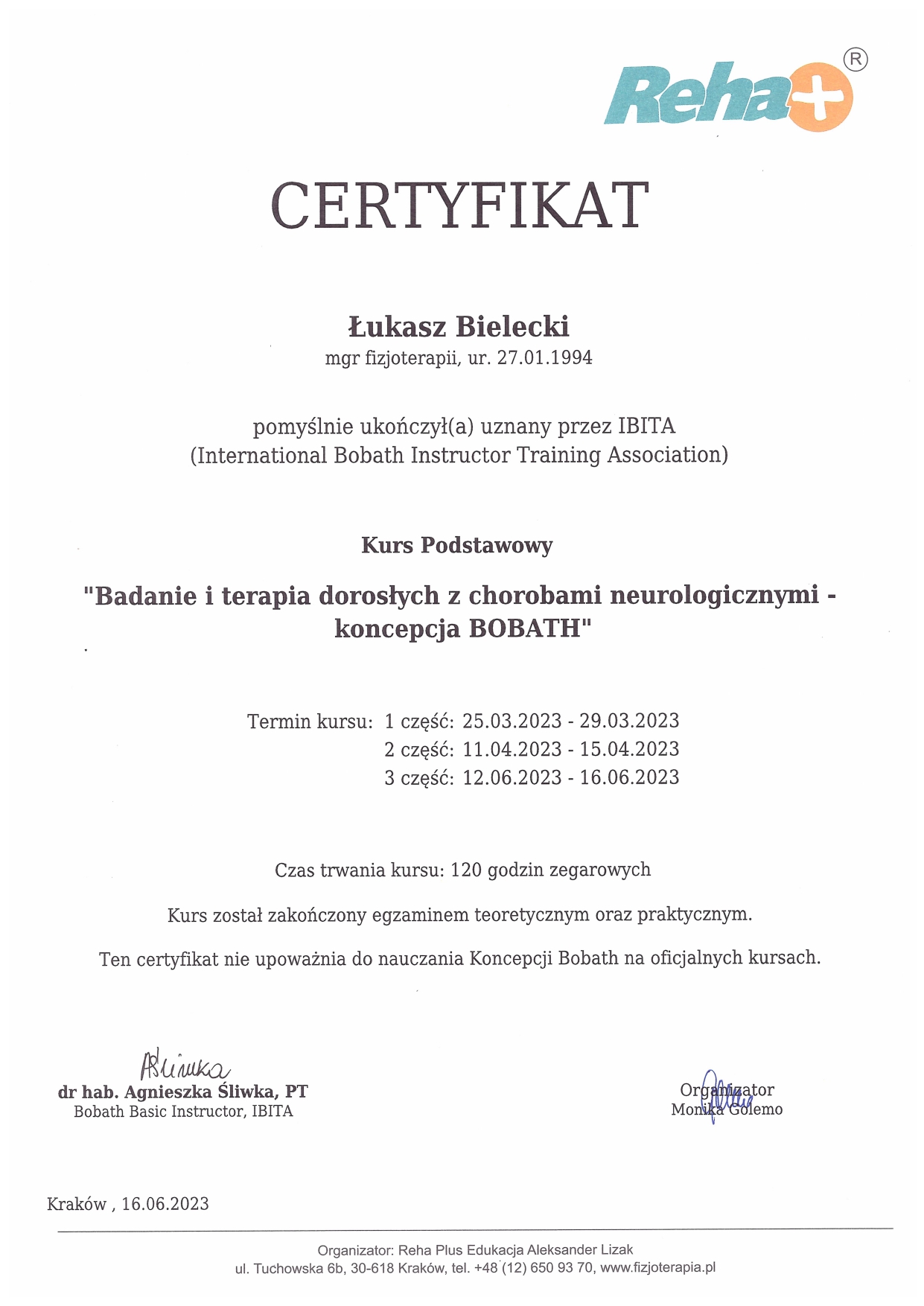 Potwierdzenie Uczestnictwa – Terapia Manualna IFOMPT MT II, LPD I Dysfunkcje lędźwiowego odcinka kręgosłupa