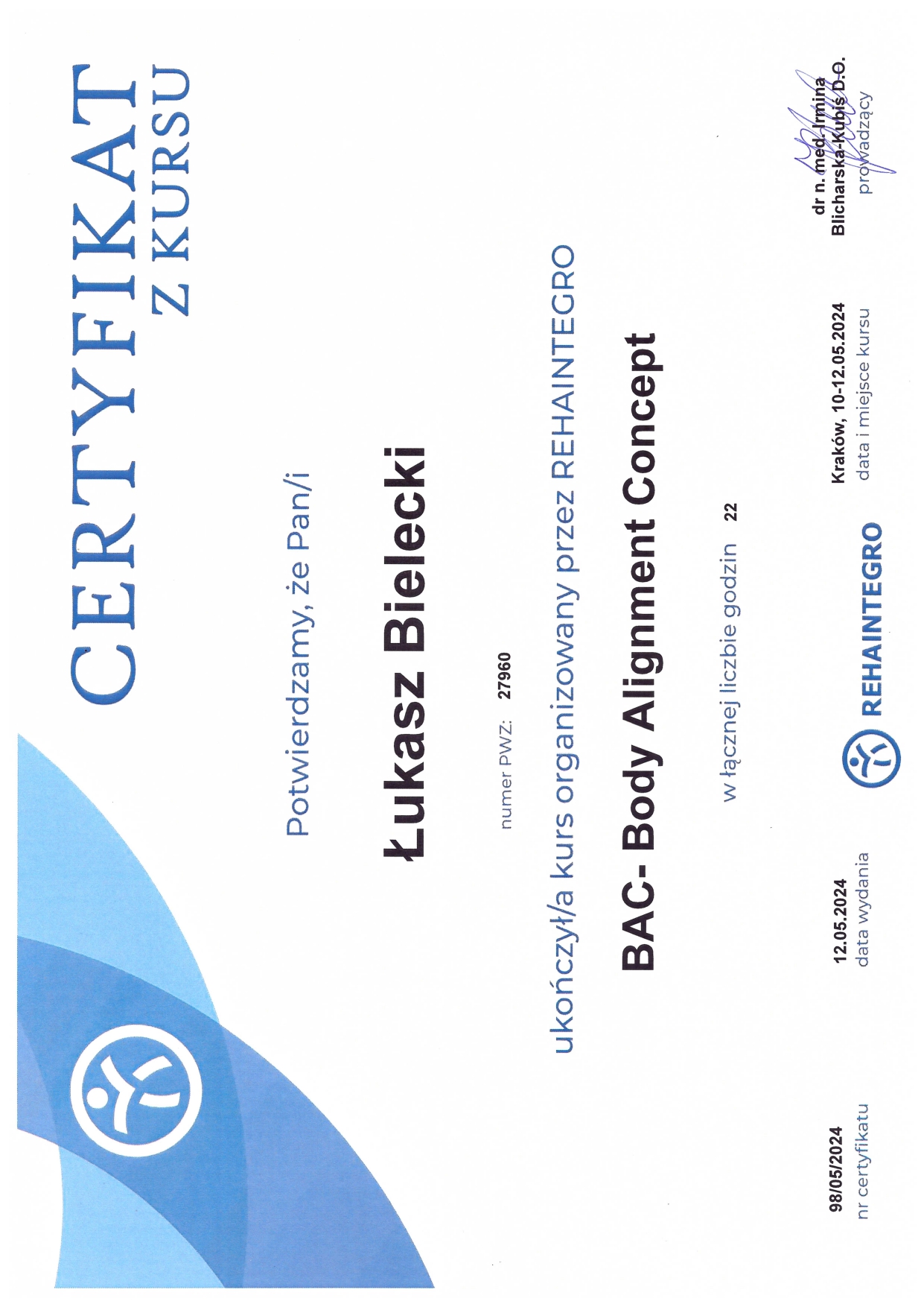 Certyfikat BAC Body Alignment Concept – REHAINTEGRO, Kraków 2024