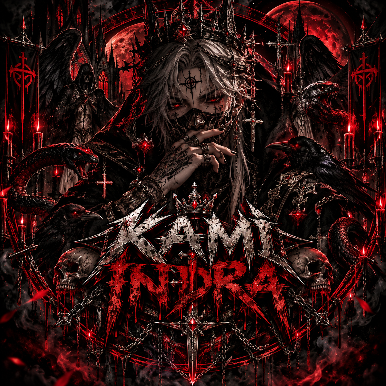 KAMI Indra: a silver-haired, crowned figure surrounded by ravens, serpents, and crimson gothic details.