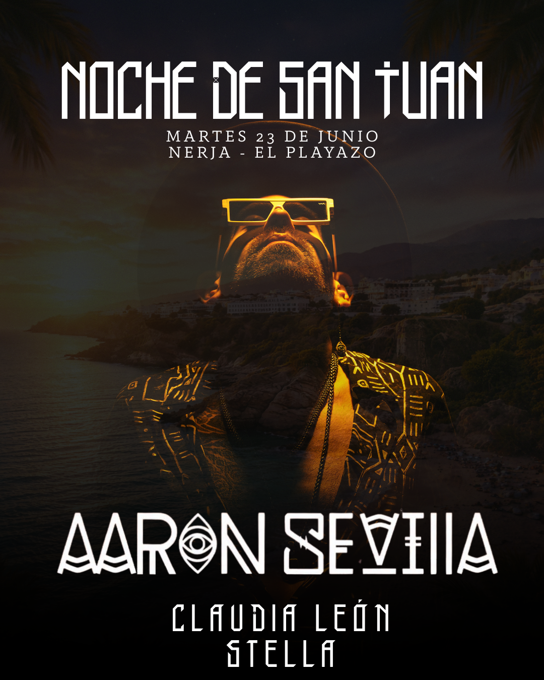 Cartel Noche San Juan Nerja 2026 Aaron Sevilla Claudia Leon Stella