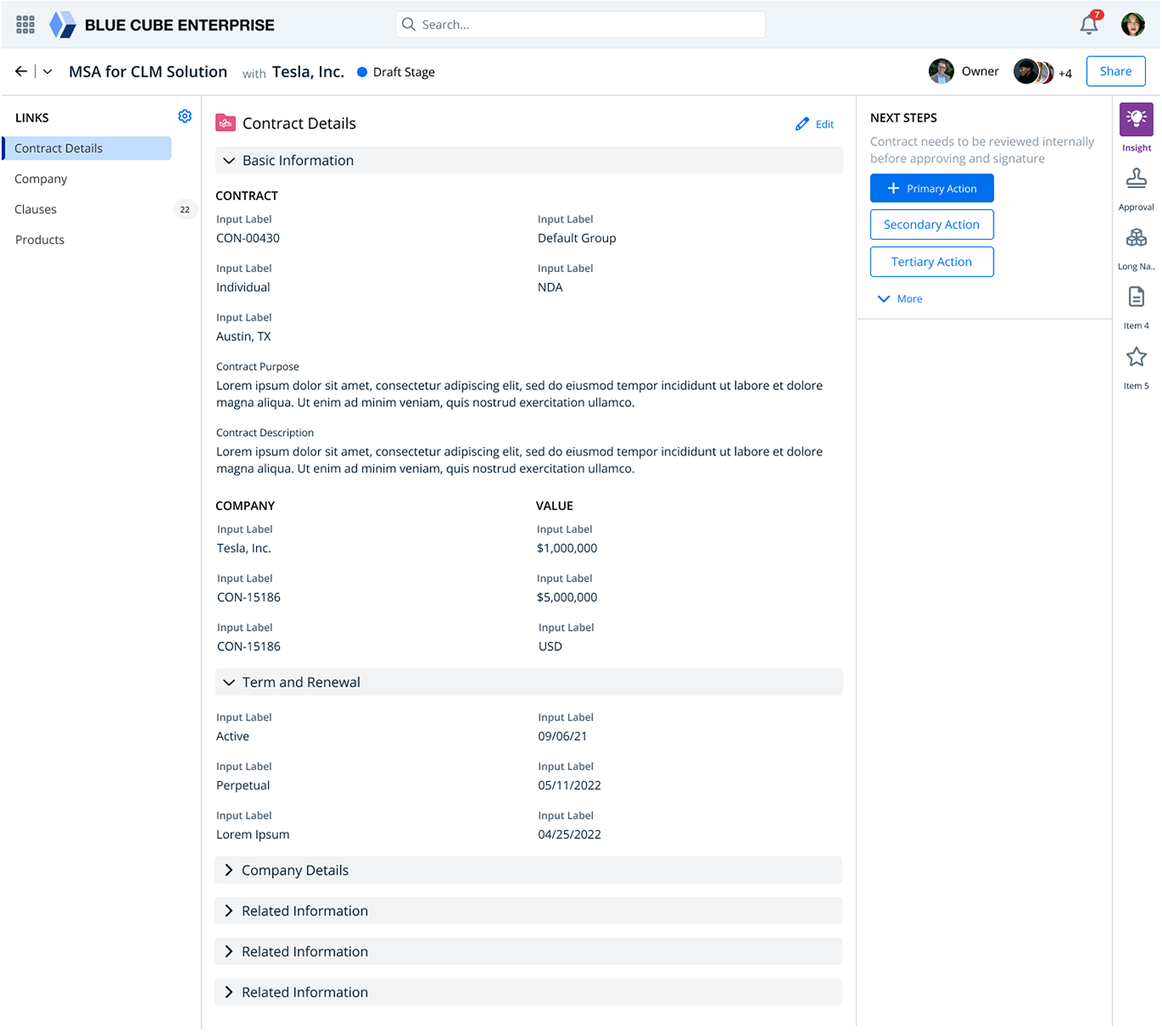 CLM Iteration 1 - Blue Cube Enterprise unified contract workspace showing MSA for CLM Solution with Tesla Inc, featuring three-panel layout with links, contract details, and Next Steps actions
