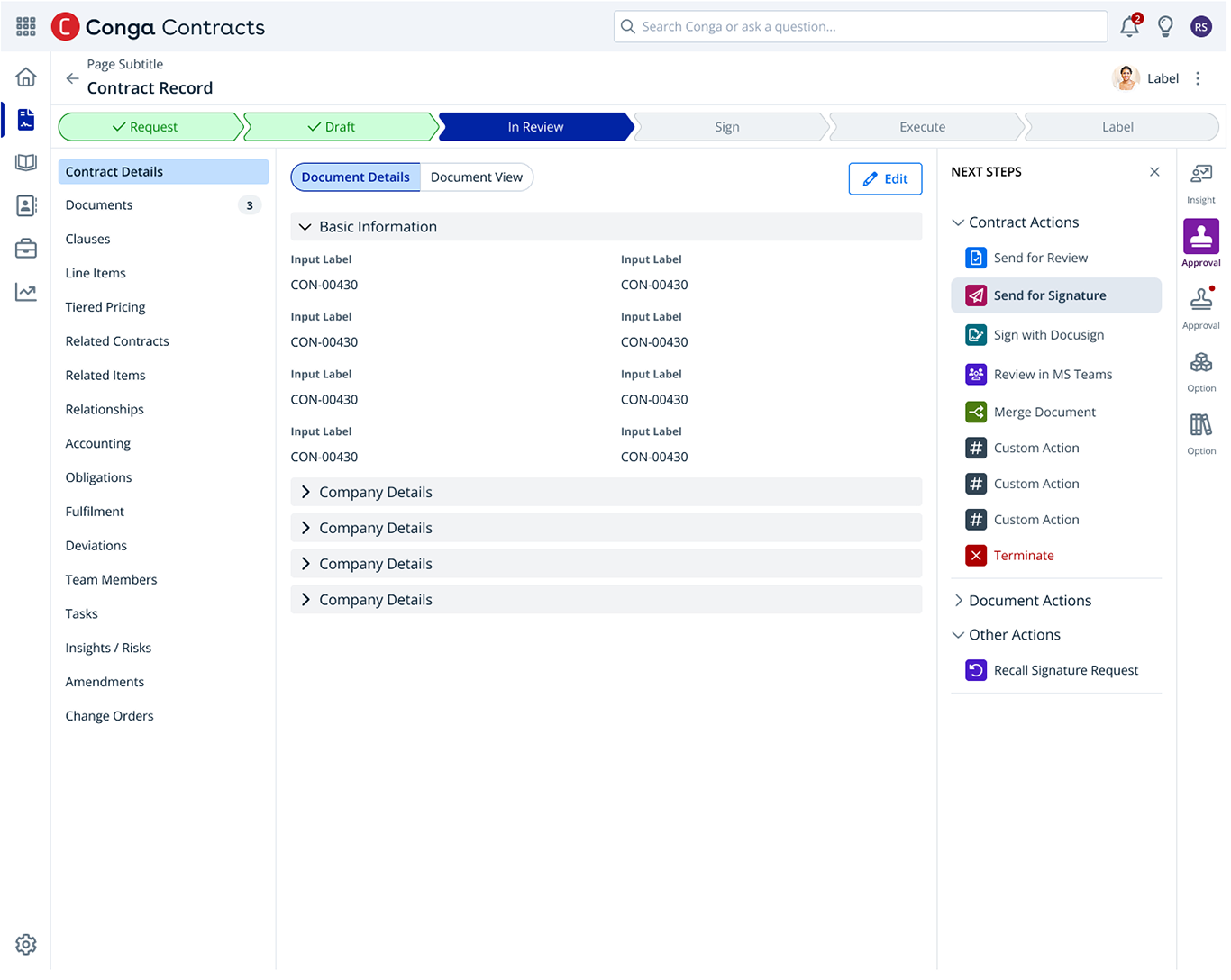 Contract Record - Visual workflow stages with intelligent actions panel