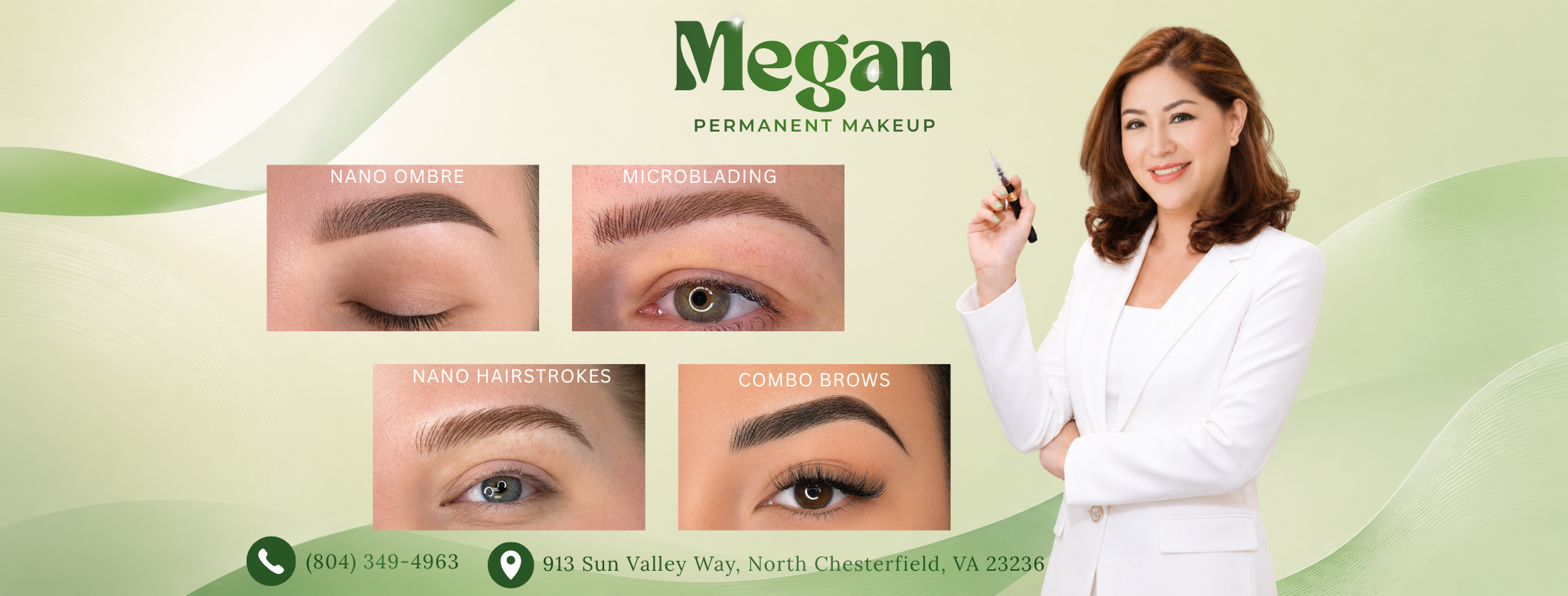 Megan Permanent Makeup signature techniques: Nano Ombre, Microblading, Nano Hairstrokes and Combo Brows