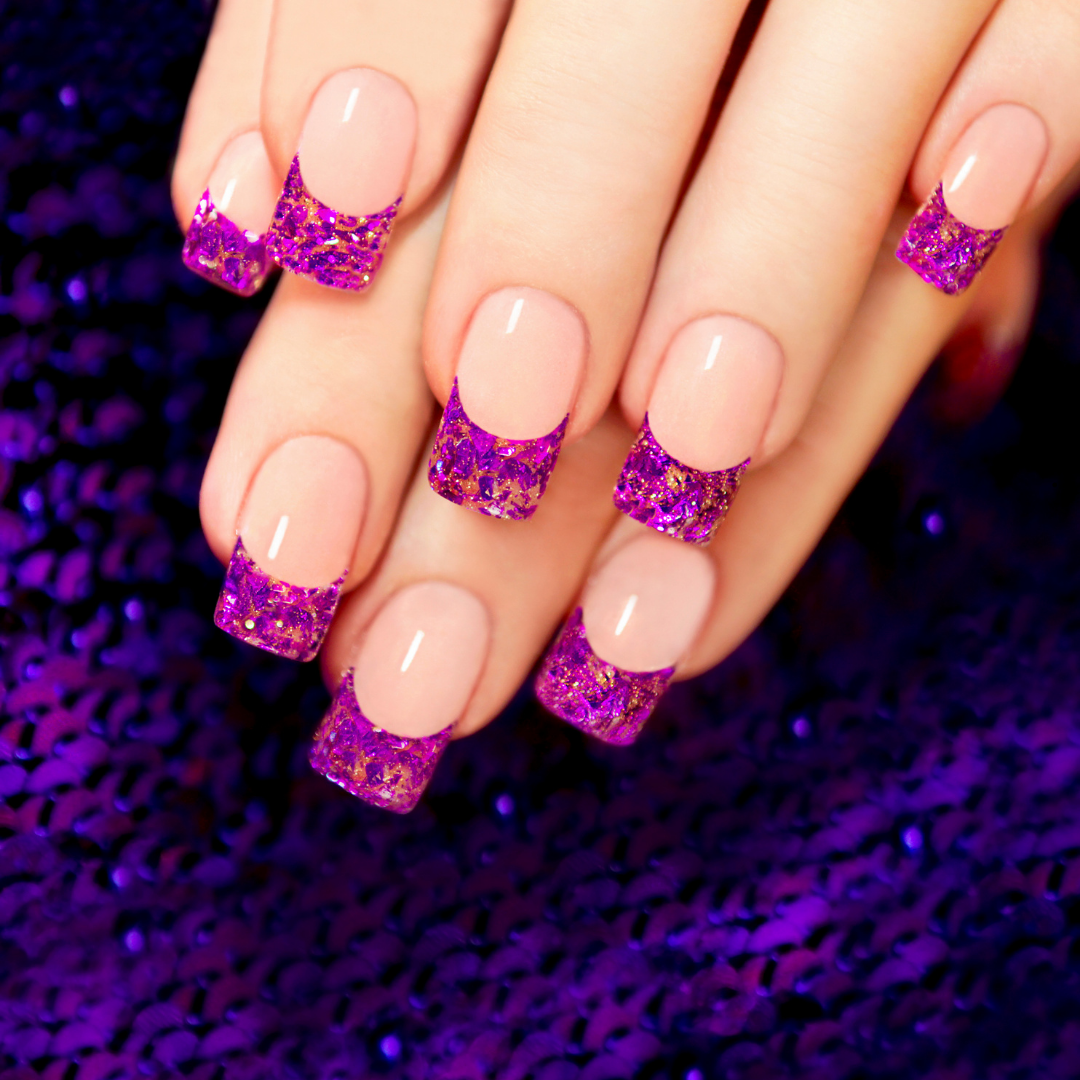 Purple magenta glitter French tip acrylic extensions by Colour Workshop Singapore