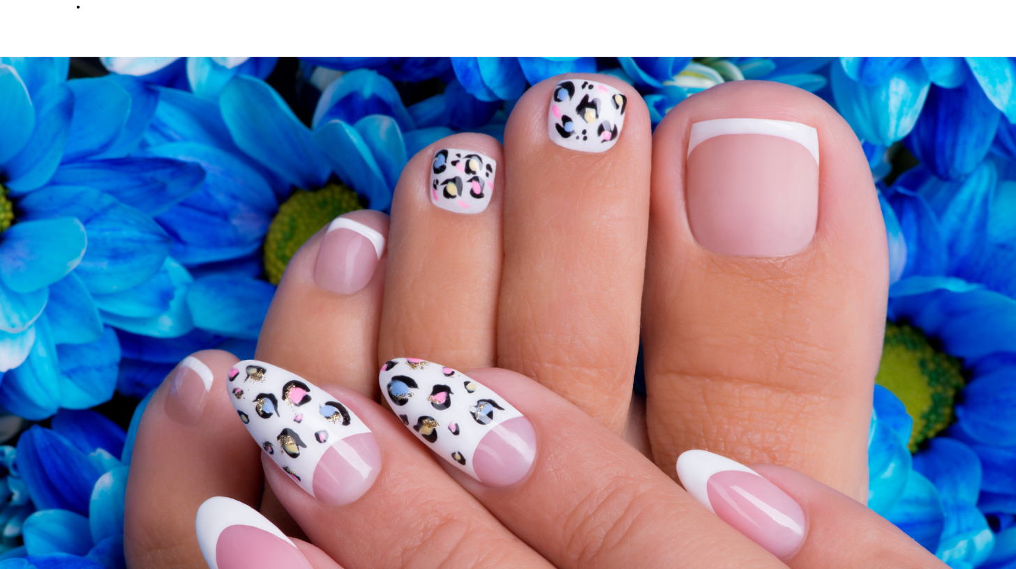 French tip manicure and pedicure with leopard print design at Far East Plaza