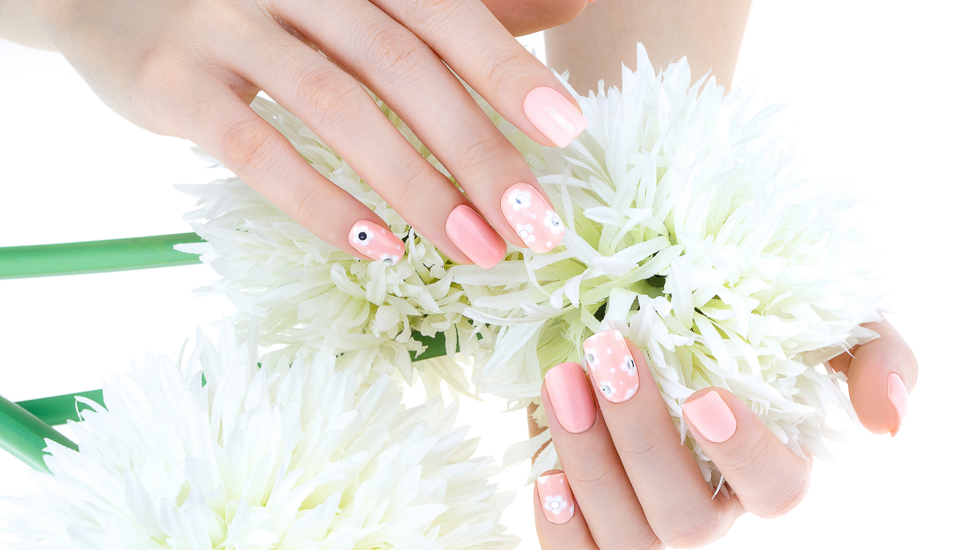 Peach coral nails with gems and white chrysanthemum flowers Orchard Road Singapore