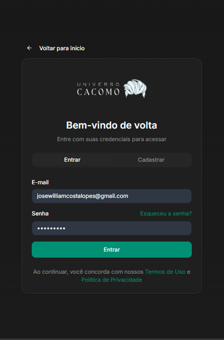 Universo Cacomo Mobile - Tela de login com email e senha