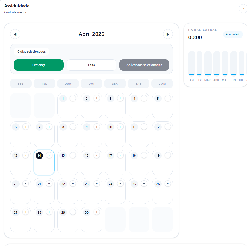 Calendário de Assiduidade - Controle mensal de presenças e faltas