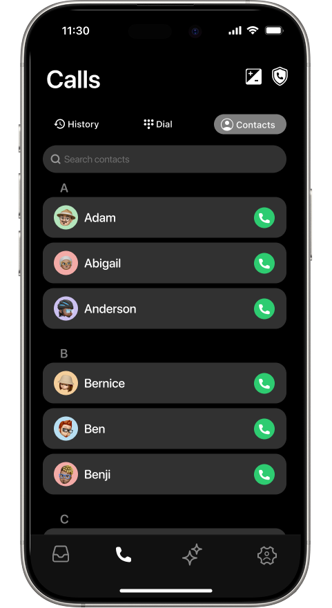 Calls Contacts sub-tab showing an alphabetically sorted list of contacts with avatars, names, and a green call button per row