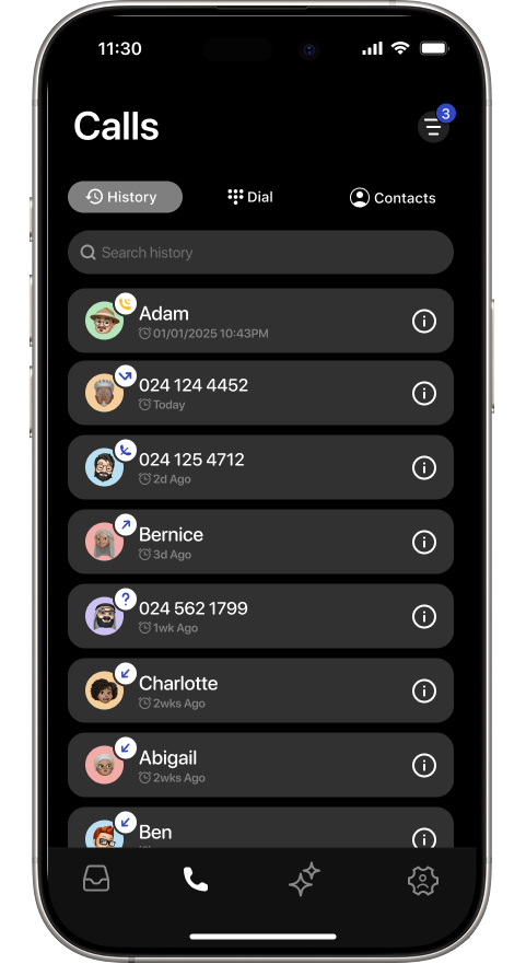 Calls History sub-tab showing a list of recent calls with contact names, numbers, timestamps, call direction badges, and an info button per row