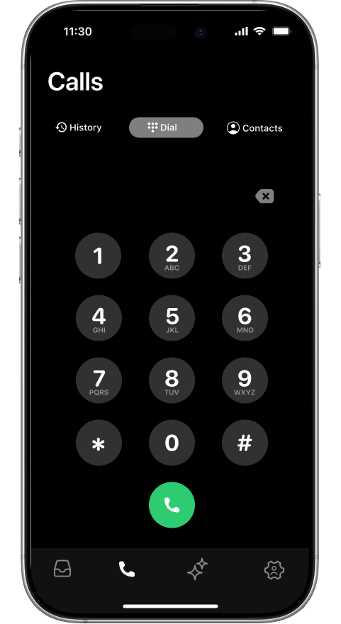 Calls Dial sub-tab showing a full numeric dialpad with digits 0 through 9, asterisk, hash, a backspace button, and a large green call button at the bottom