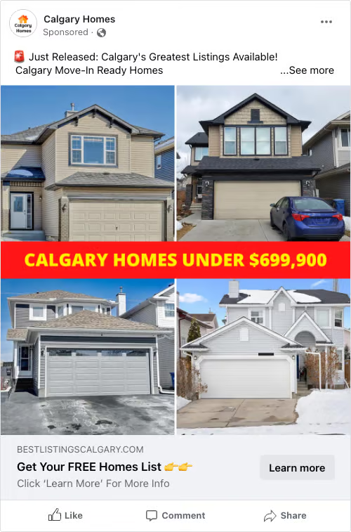 Calgary Homes Facebook ad showing homes under $699,900
