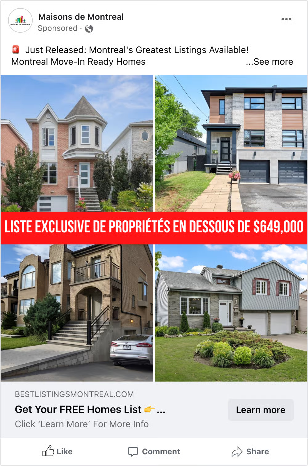 Maisons de Montreal Facebook ad showing exclusive property listings