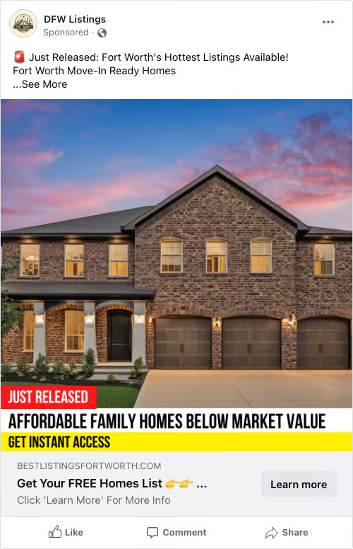 DFW Listings Facebook ad showing affordable family homes