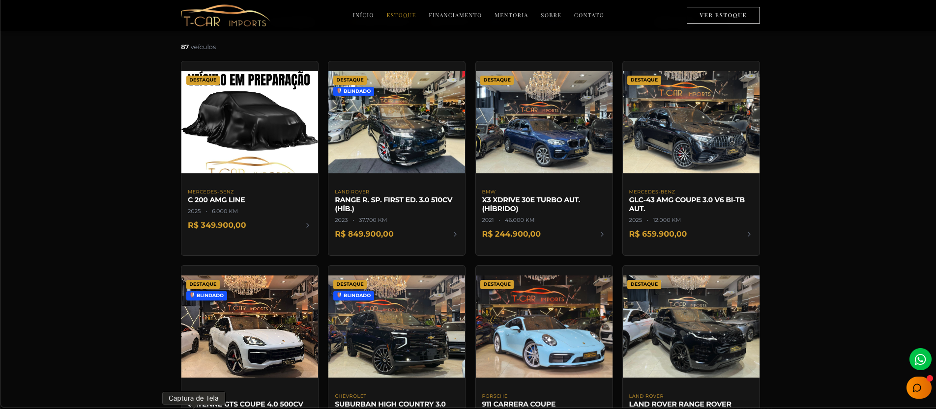 Exemplo de site T-Car Imports
