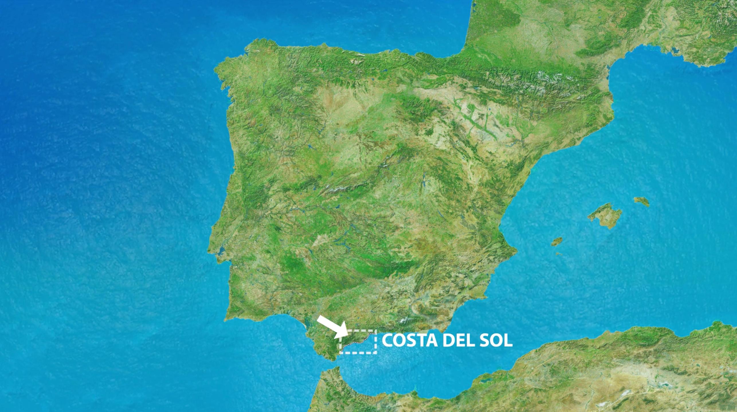 Satellite map of Spain showing Costa del Sol location