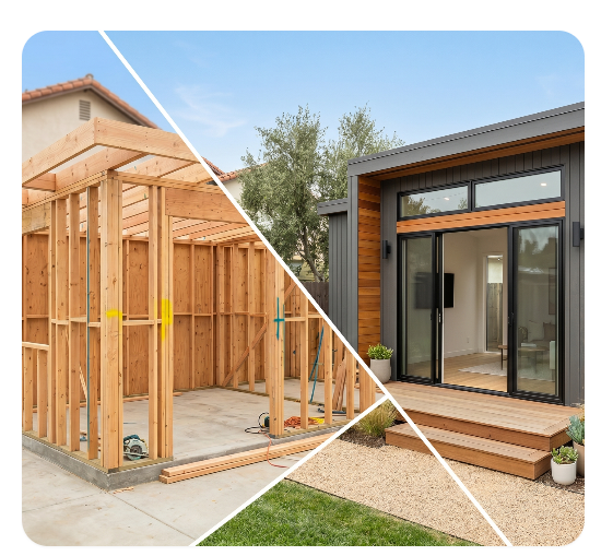 Traditional wood framing construction and finished ADU