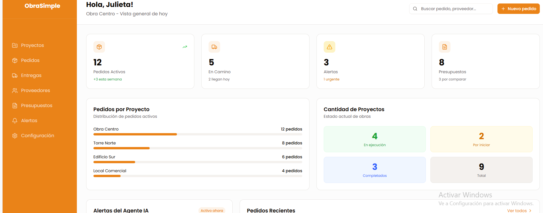 Dashboard de deObras - gestión de pedidos, entregas y proyectos