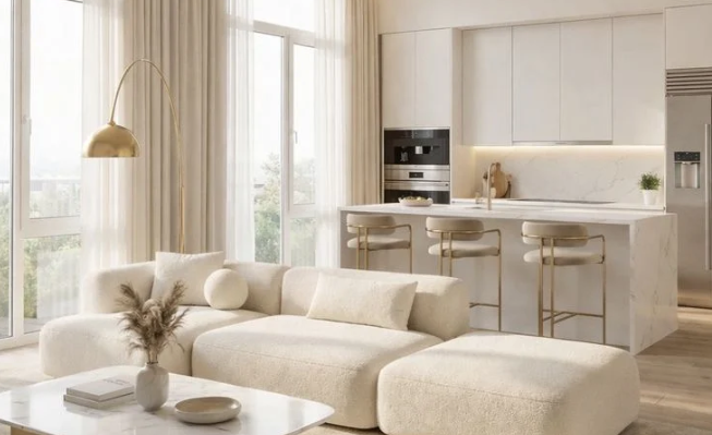 Sala de estar de lujo en tonos crema con sofá modular y lámpara dorada