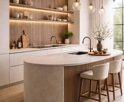 Cocina moderna con isla curva, madera natural y lámparas colgantes