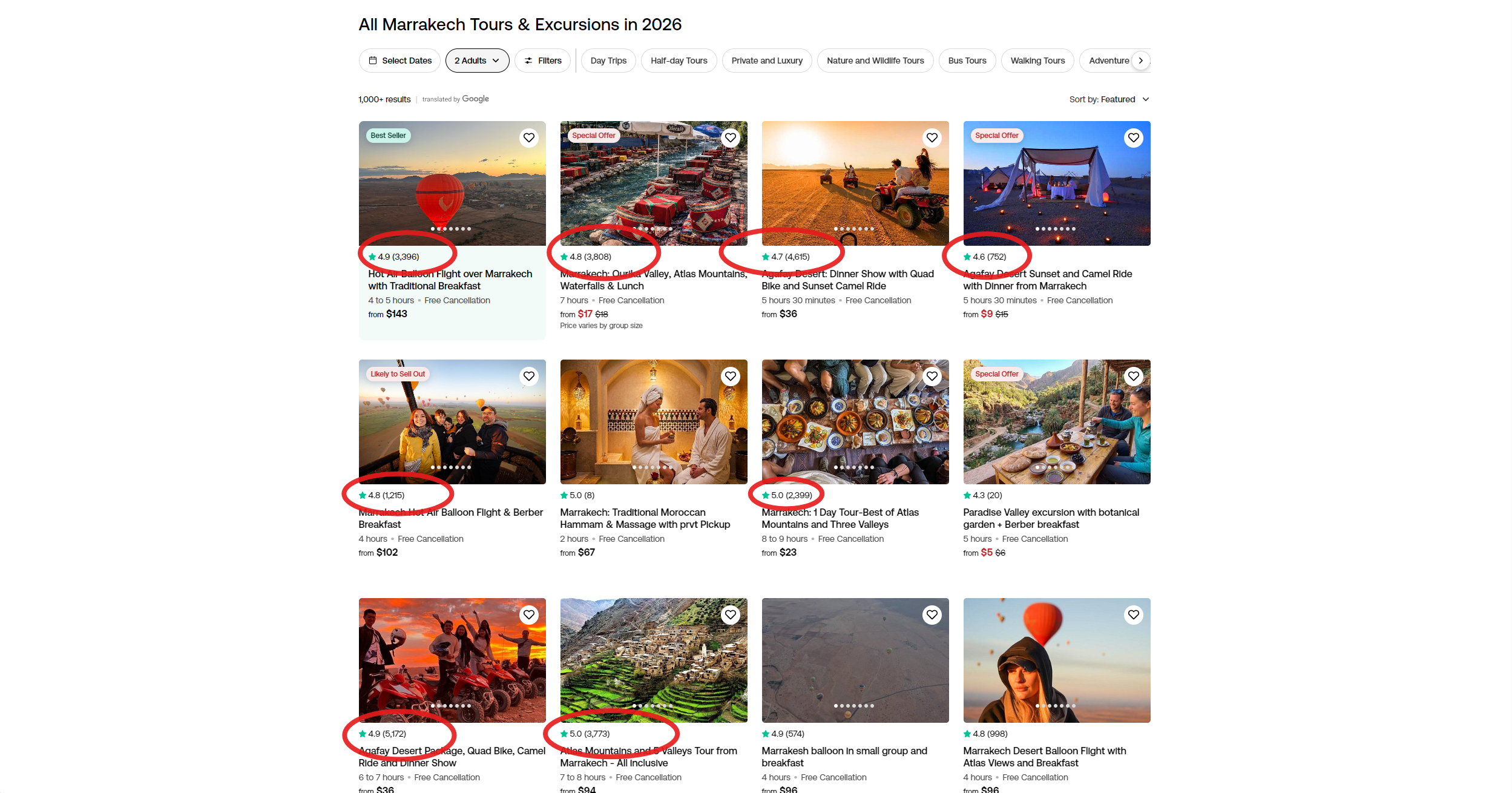 أمثلة من listings على Viator مع تقييمات عالية