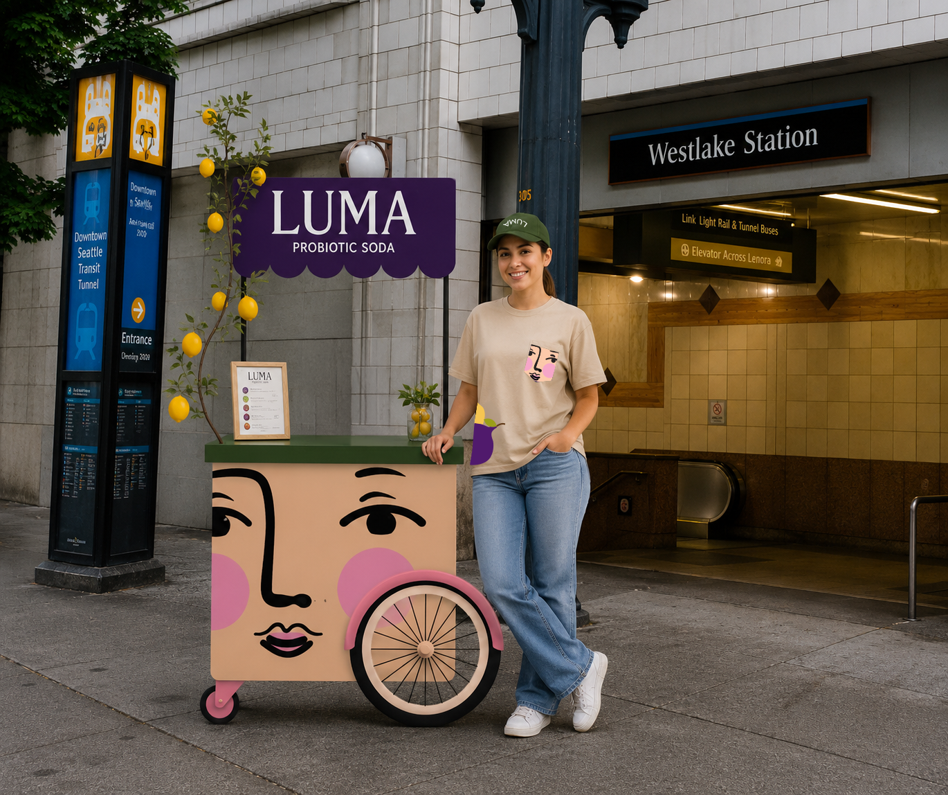 LUMA mobile cart activation at Westlake Station with stylized face design and vendor posing with the installation