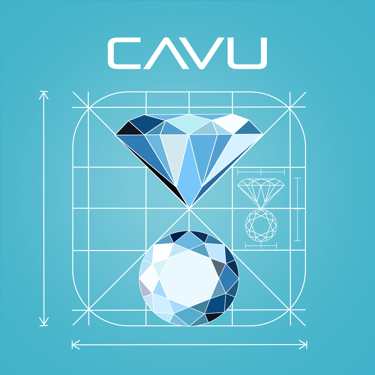 CAVU diamond blueprint geometric illustration on teal background