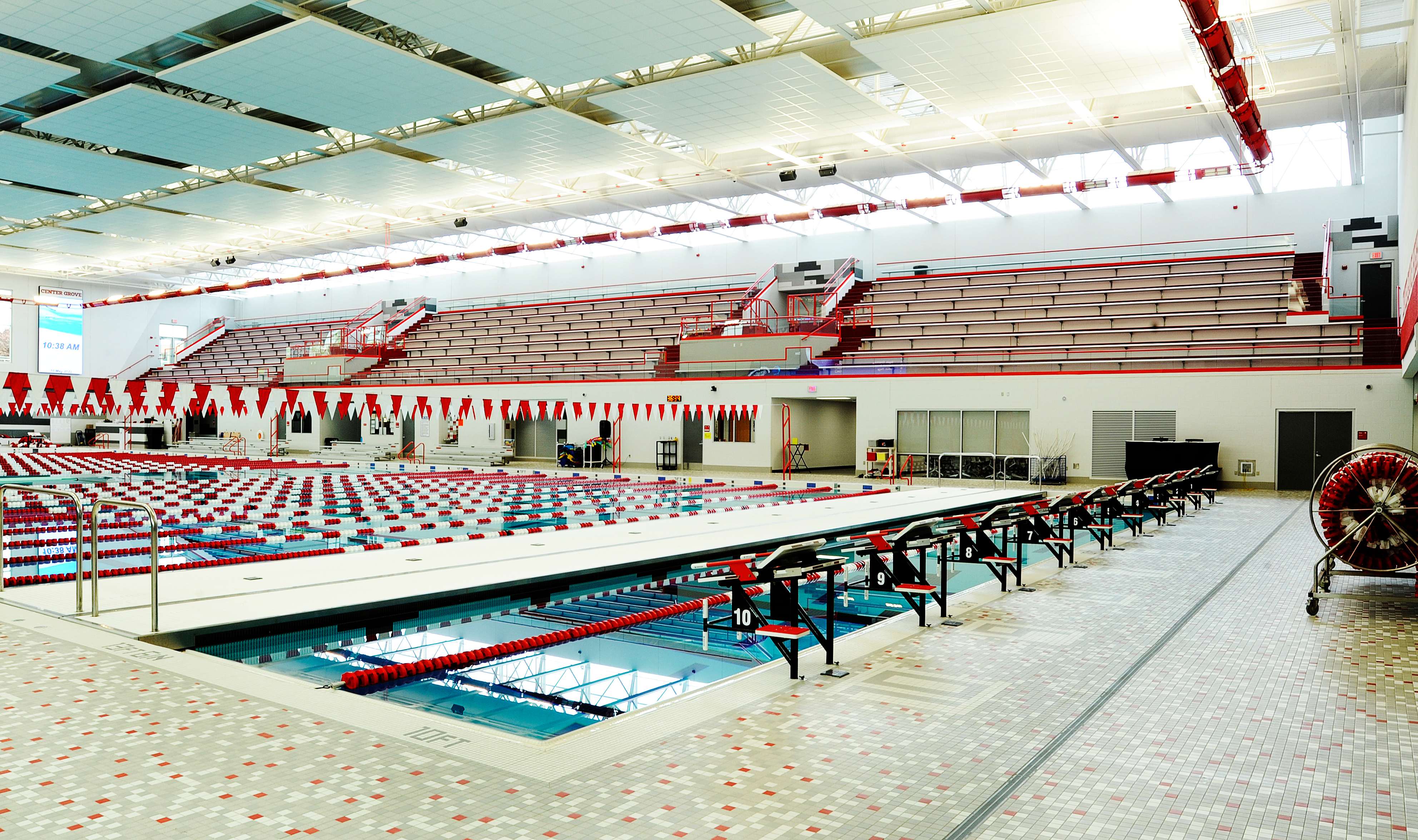 Center Grove HS Natatorium — Structural Glass at Exterior Stair, Bleacher Entry