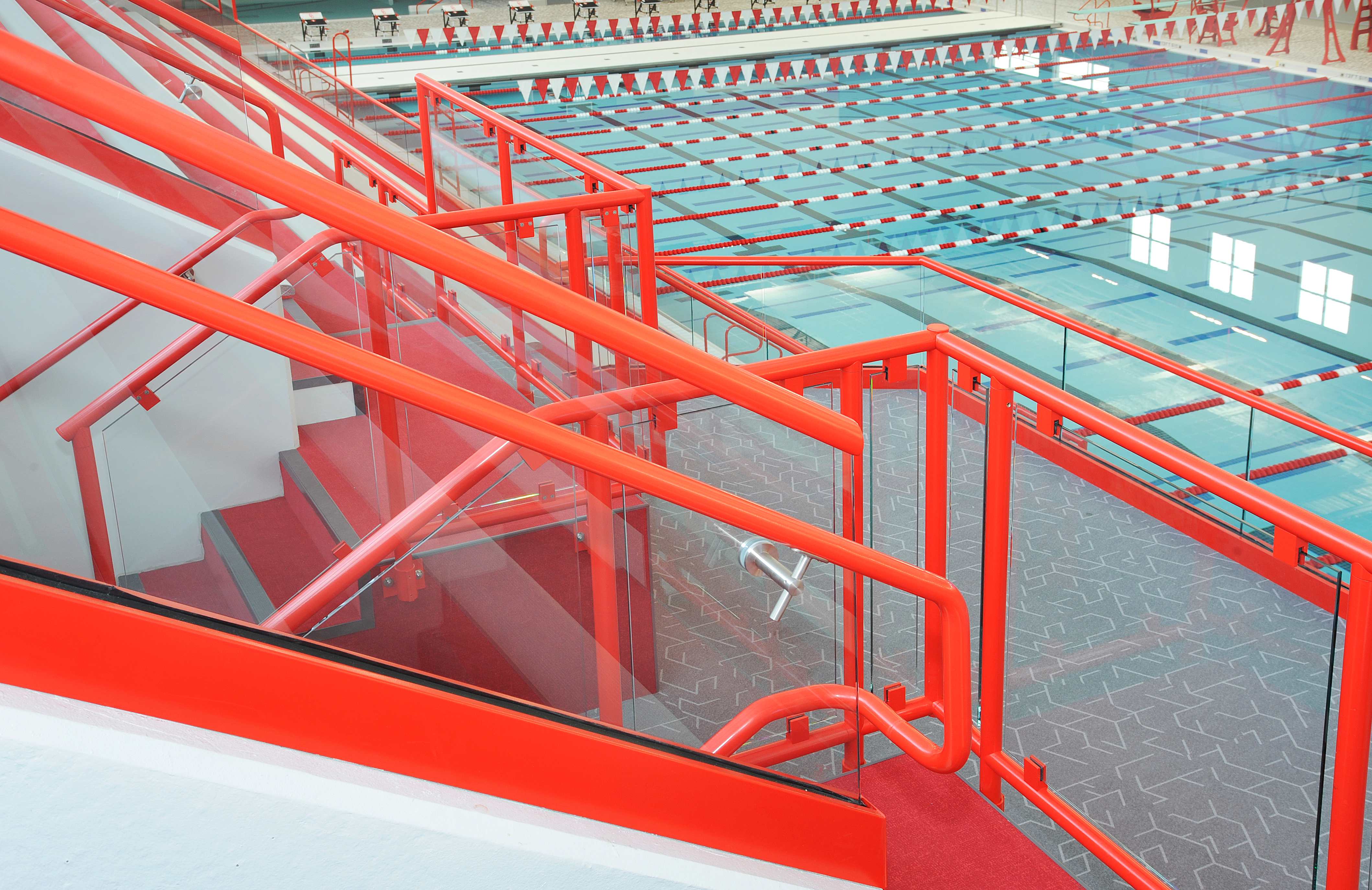 Center Grove HS Natatorium — Structural Glass at Upper Stair, Looking Down to Pool