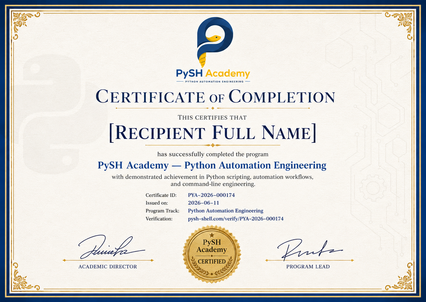 PySH Academy Certificate of Completion — Python Automation Engineering