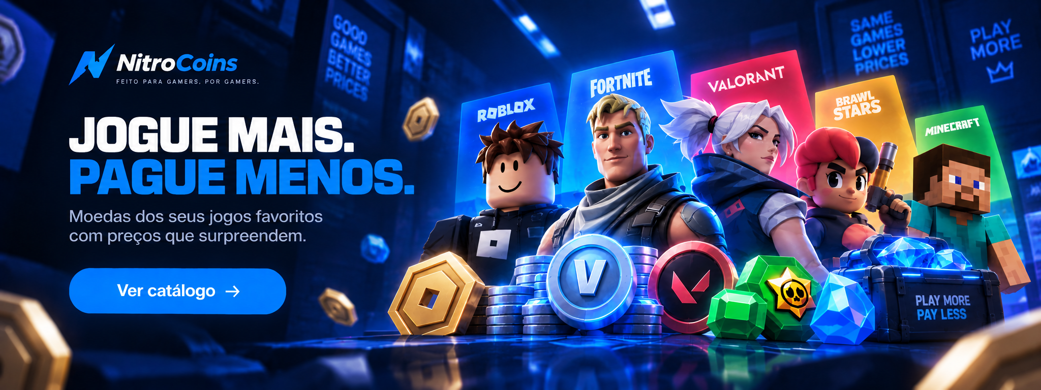 Banners da NitroCoins com personagens e moedas de jogos