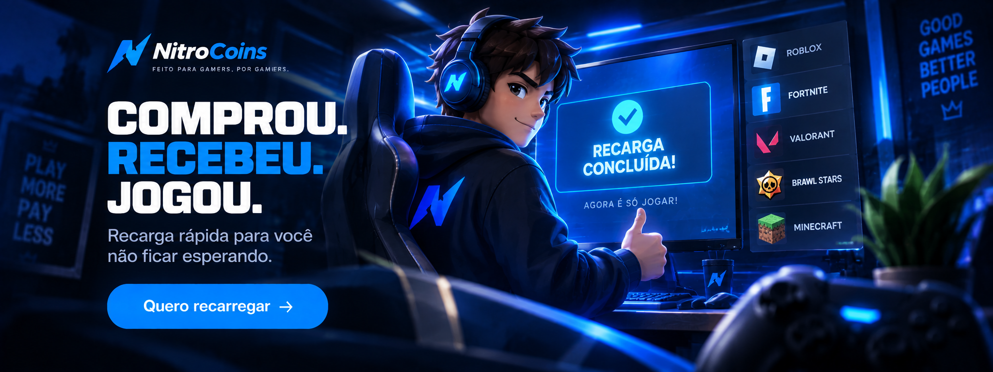 Banners da NitroCoins com moedas virtuais de Roblox, Fortnite, Valorant, Brawl Stars e Minecraft