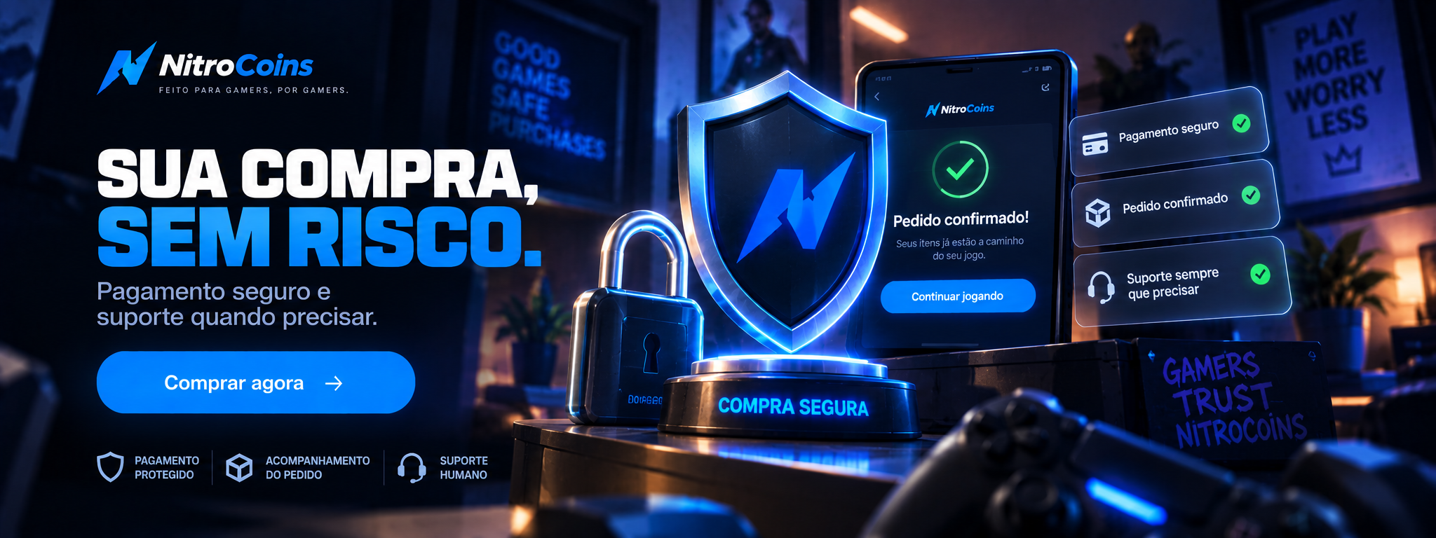 Banners da NitroCoins destacando compra segura e suporte