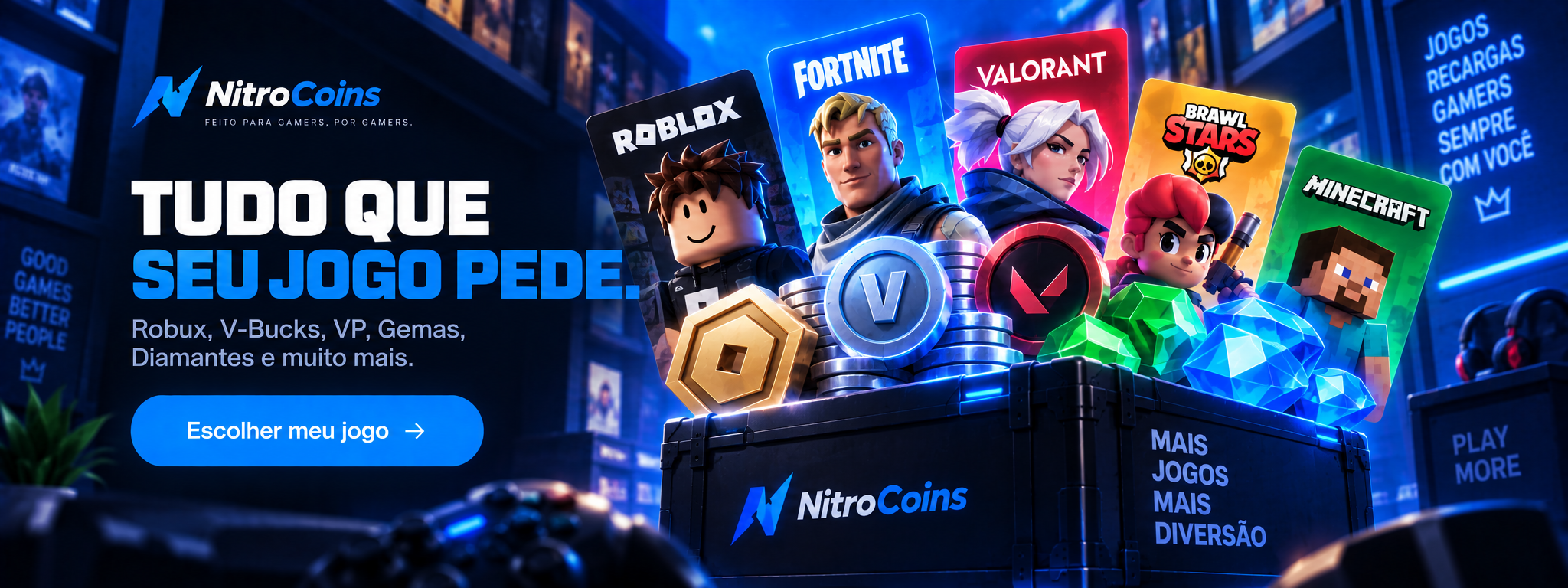 Banners da NitroCoins com cartões de jogos e moedas virtuais