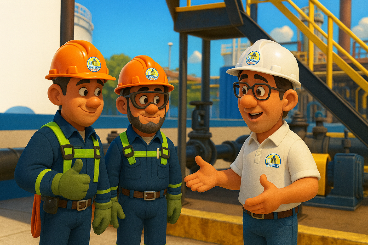 Equipo animado de trabajadores REFISAMAG en la refineria