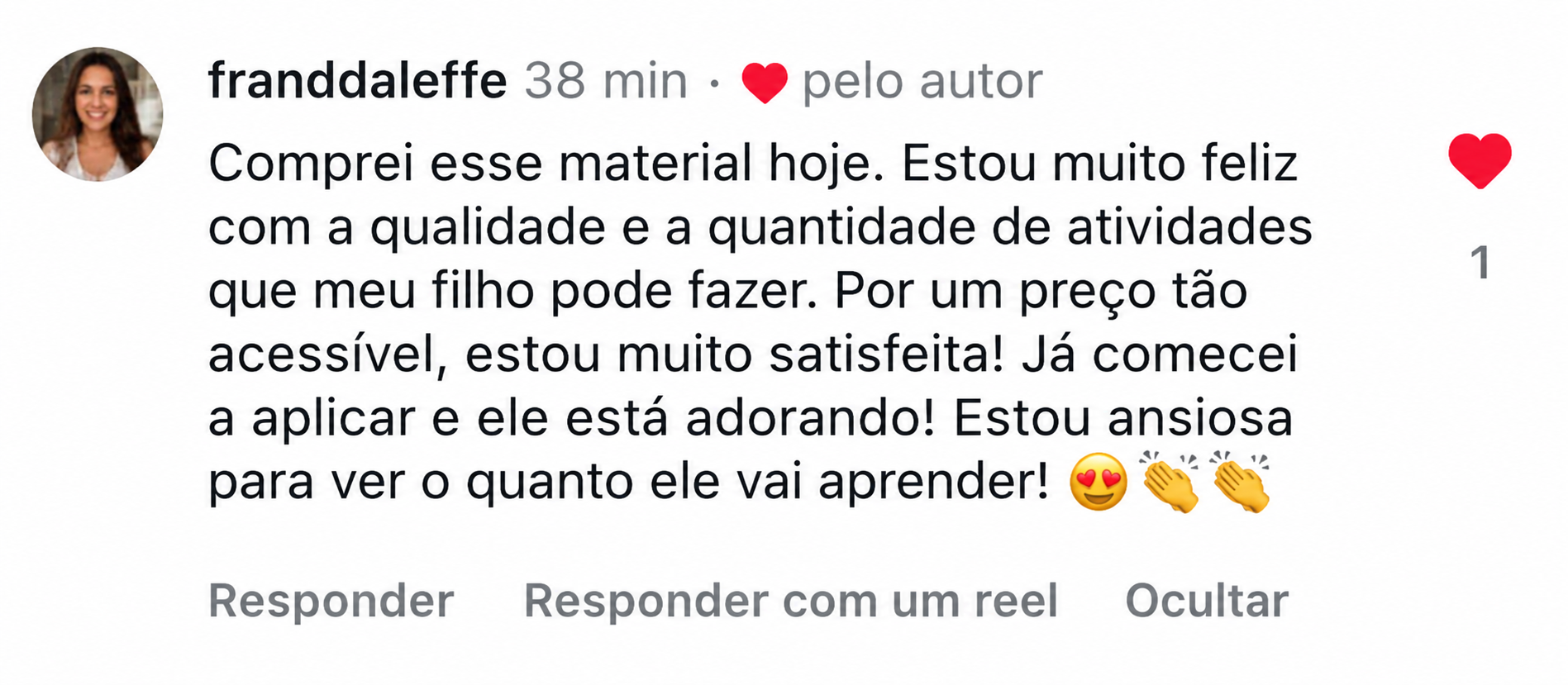 Comentário de cliente satisfeita com o material