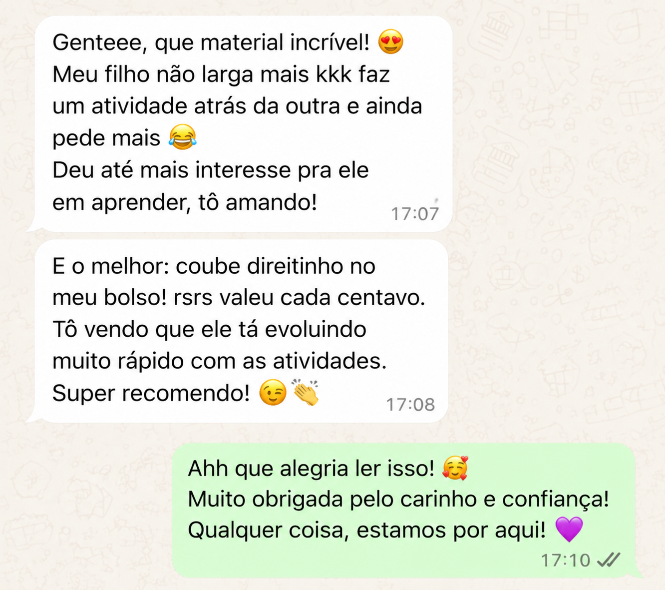 Depoimento de cliente sobre o material de alfabetização