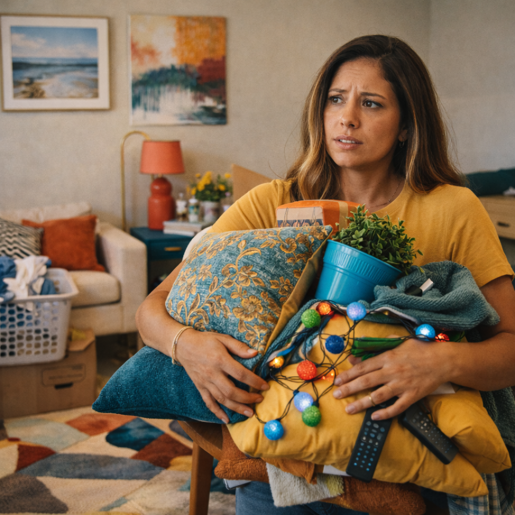 Mulher frustrada com itens de decoração desorganizados