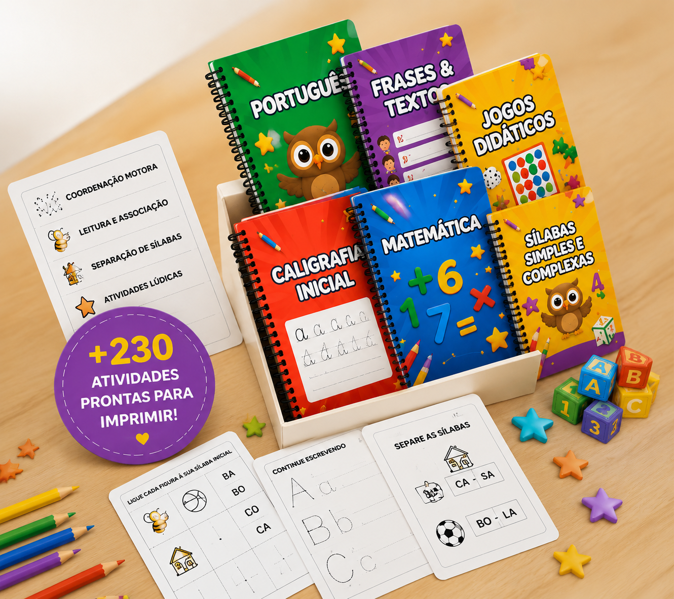 Kit de Atividades de Alfabetização - Cadernos coloridos de Português, Matemática, Caligrafia e mais de 230 atividades prontas para imprimir