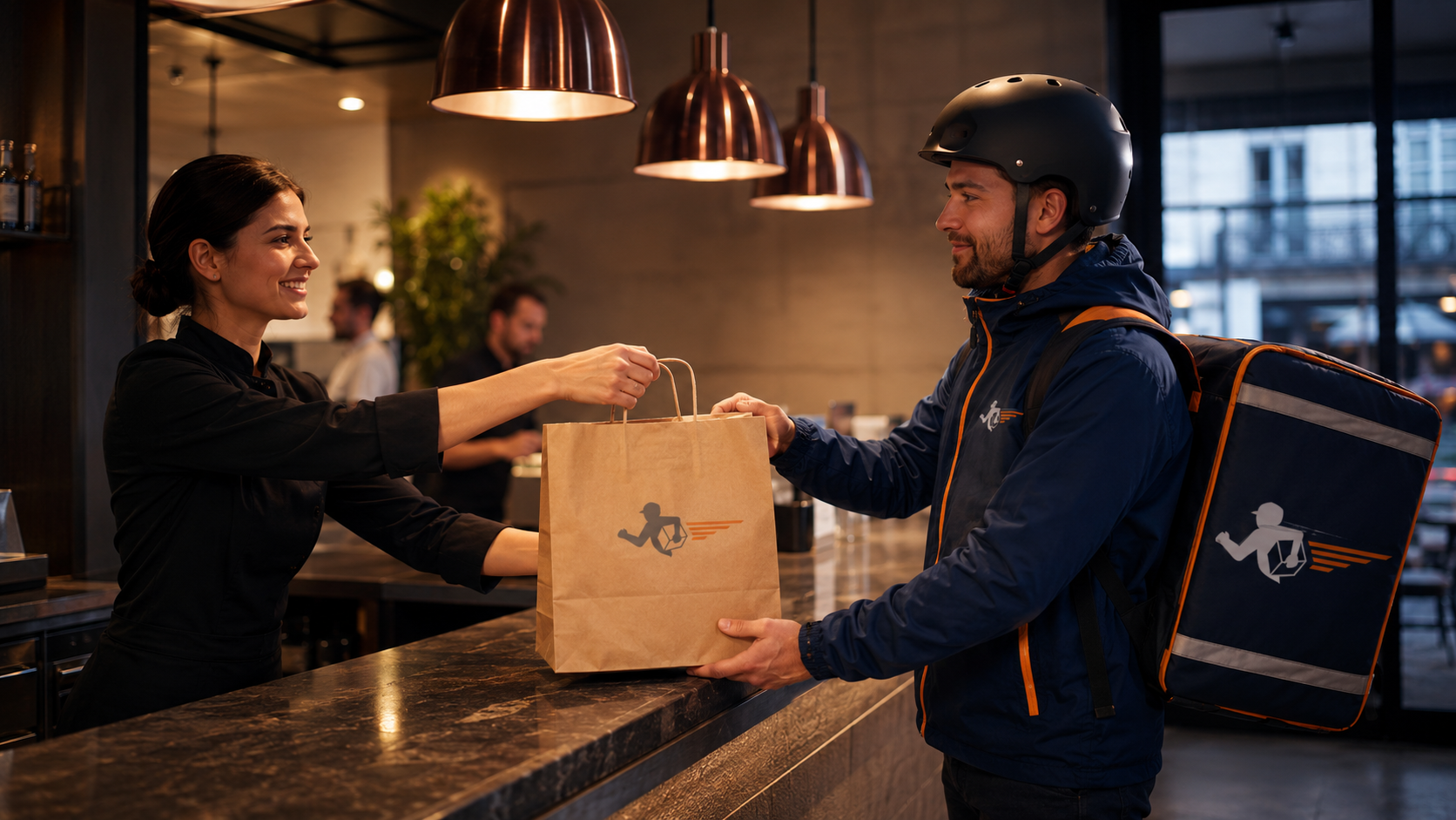 DCX Kurier nimmt Bestellung am Restaurant entgegen