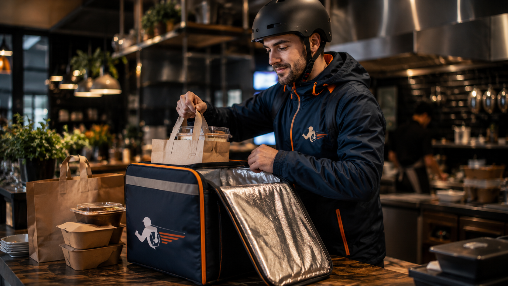 DCX Kurier packt Essen in Thermotasche im Restaurant