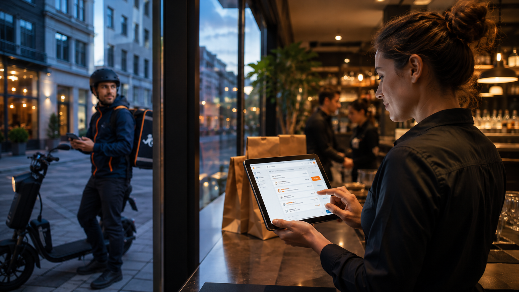 Restaurant Mitarbeiterin nutzt Tablet für Bestellungsverfolgung